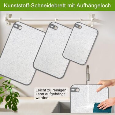 Набір обробних дощок BOCHION, пластикові дошки з іконками продуктів та піддоном, нековзні та без BPA, антибактеріальні дошки для риби, овочів, фруктів, мяса, хліба (набір з 3 шт., білі)