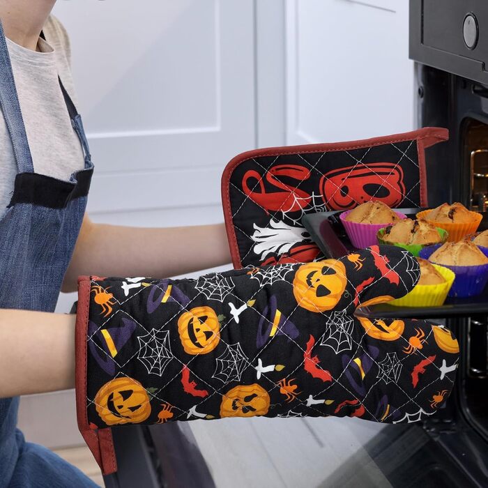 Набір з 2 кухонних рукавичок та тримачів для каструль Arquiel Gnome Autumn Orange Checked, 100 бавовняні кулінарні рукавички, термостійкі кухонні рукавички для приготування їжі, осінній декор, подарунки на кухню для жінок (Хелловін, духовка тримач для кас