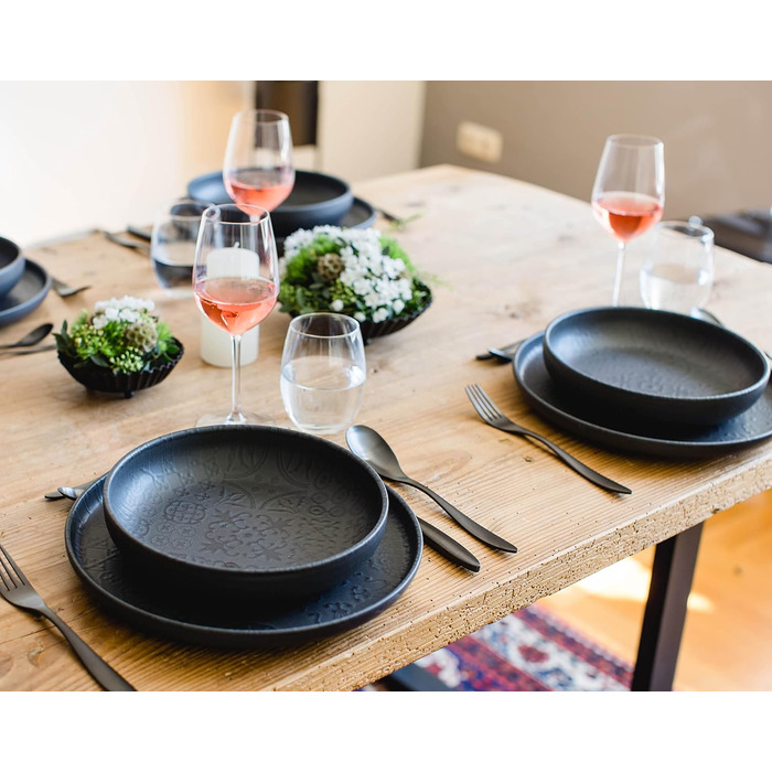 Серії Плитка Сучасний вінтажний набір посуду для 2 осіб у мавританському дизайні з матовою глазур'ю, столовий сервіз із 8 предметів із тарілками та мисками з високоякісної кераміки, керамограніту, чорного кольору, 934064