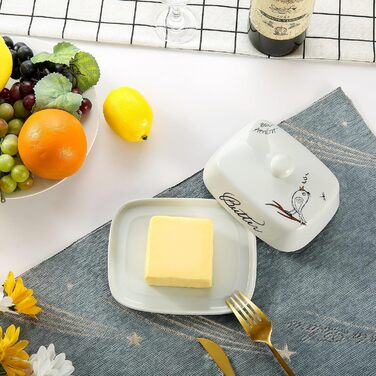 Маслянка з ручкою для 250 г вершкового масла, високоякісна кераміка, білий колір з квітковим та бджолиним візерунком, порцеляна, класична маслянка, маслянка, контейнер для масла, коробка для масла, можна мити в посудомийній машині (типу &quotптах&quot).