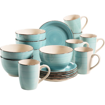 Винтажный завтрак на 6 персон, керамика с ручной росписью, набор посуды из 18 предметов, синий, керамогранит (бирюзовый), 931492 Bel Tempo II