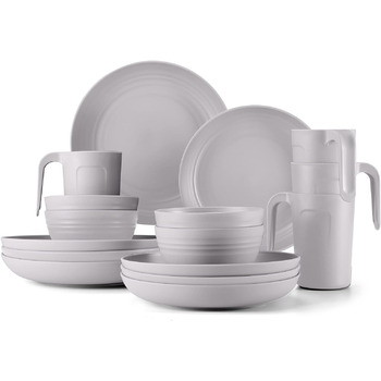 Набор посуды Odoland Столовый сервиз 17 шт. Столовый сервиз для кемпинга Комбинированная сервировочная посуда с тарелками, мисками и кружками Подарочный набор на 4 персоны Кухонный многоразовый (серый)