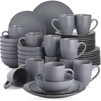 Столовый сервиз из керамогранита, набор посуды vancasso MODA, винтажный внешний вид, комбинированный сервиз из 40 предметов с 8 тарелками, тарелками для тортов, суповыми тарелками, мисками и чашками каждая (серый, набор посуды 48 шт.)