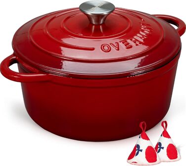 Чавунна форма для запікання Overmont Enamel - 26 см, придатна для використання в духовці, з кришкою та кулінарною книгою - для випікання, тушкування, запікання, білого кремового кольору (28 см-6,6 л, червоного кольору)