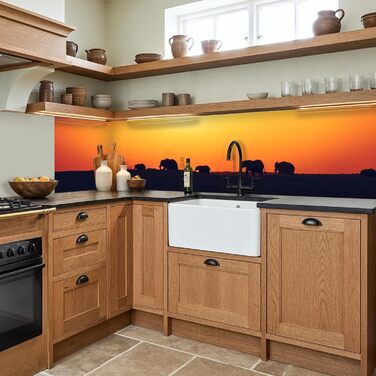 Кухонний фартух 60x80 см Самоклеючий настінний захисний екран для кухні Кухонний фартух Кухонні фасади Кухонні фартухи Кухонна стіна Вода - Пейзаж - (Слони - Захід сонця, 60 x 250 см)