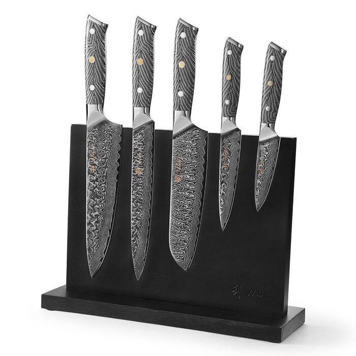Кулінарний набір ножів з дамаської сталі Sycamore (6 предметів) 67 шарів, ядро з VG10, твердість 602 HRC, ручки з клена, хлібний ніж із серрейторною заточкою, магнітний тримач для ножів, професійні кухонні ножі для точного нарізання (Чорно-білий)