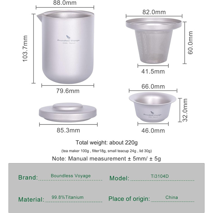 Чай iBasingo для одного набору Титановий чайник для подорожей на відкритому повітрі зі вставкою Кемпінг Портативний китайський чайний набір кунг-фу Двошарова чайниця з ситечком для чаю та 3 міні-чашки 40 мл Ti3105D (заварник Ti3104d з фільтром і 3 чашками
