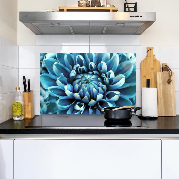 Фартух для плити, кухонний фартух, вініл, 78x52 см, декор для кухні, облицювання стіни, кришка для плити - сіро-чорний (синій - жоржина, 52,7Д x 81,6Ш см)