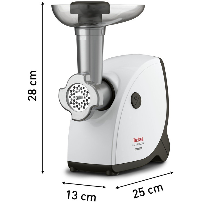 Tefal М'ясорубка HV4, 2000Вт, 2.3кг/хв, 3 решітки, насадка для ковбас, кеббе, томатів, пластик, біло-чорний NE463138