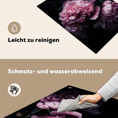 Фартух для плити, кухонний фартух, вініл, 78x52 см, декор для кухні, облицювання стіни, кришка для плити - сіро-чорна (квіти - рожеві, 52Д x 81,2Ш см)