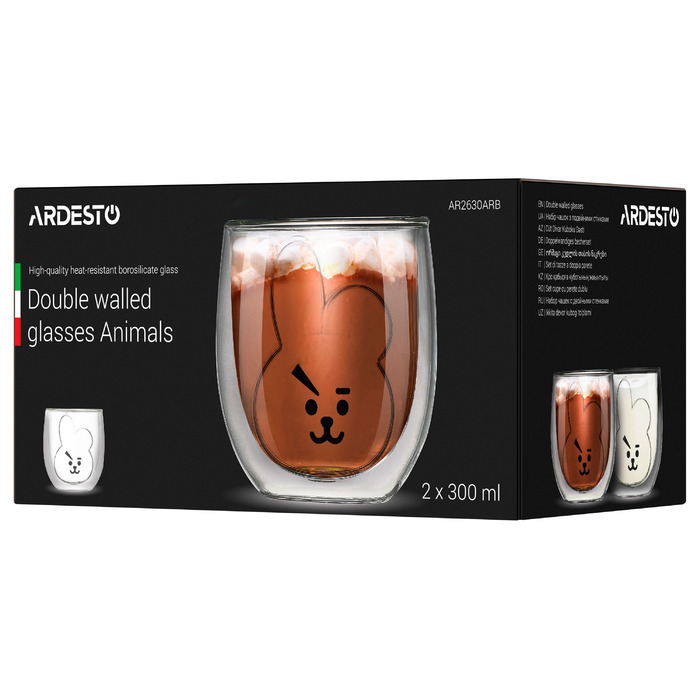 ARDESTO Double Walled Animals Cup Set, 300 мл, 2 шт, боросиликатное стекло