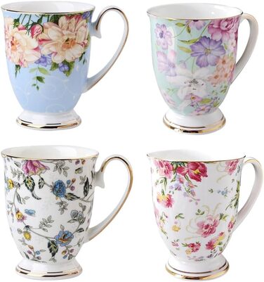 Набір із 2 порцелянових кавових кухлів, квітковий візерунок, 300 мл, чашки у формі кістки в стилі шинуазрі з ручкою для кави, чаю, молока, капучино (D)