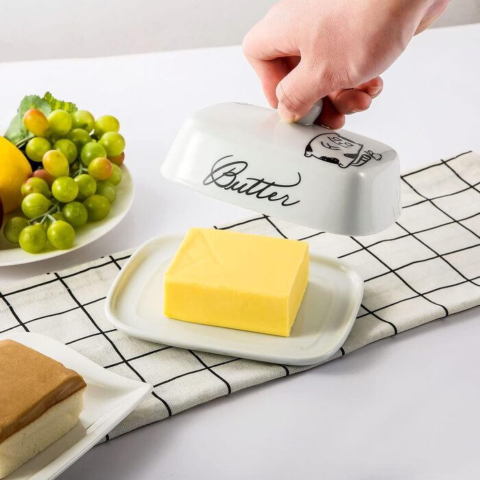 Маслянка з ручкою для 250 г вершкового масла, високоякісна кераміка, білий колір з квітковим та бджолиним візерунком, порцеляна, класична маслянка, дзвіночок для масла, маслянка, контейнер для масла, коробка для масла, можна мити в посудомийній машині (ка