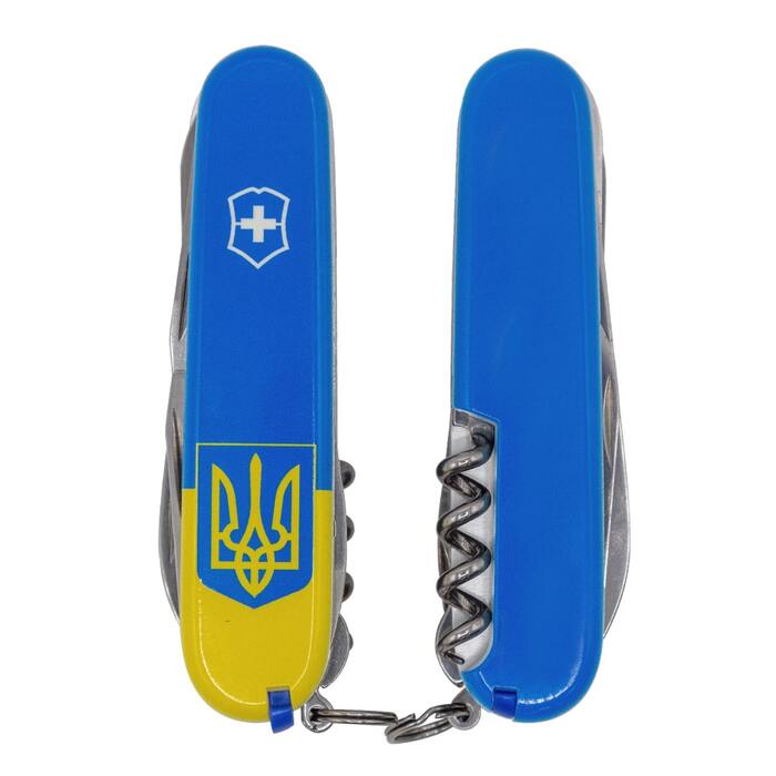 Ніж Victorinox Huntsman Ukraine 91мм/15функ /Герб на прапорі верт.