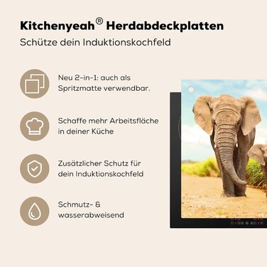 Фартух для плити, кухонний фартух, вініл, 78x52 см, декор для кухні, облицювання стіни, кришка для плити - сіро-чорна (слони - тварини, 52Д x 60Ш см)