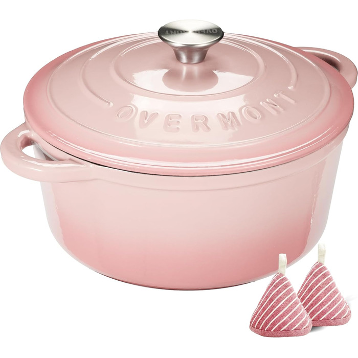 Чавунна форма для запікання Overmont Enamel - 26 см, придатна для використання в духовці, з кришкою та кулінарною книгою - для випікання, тушкування, запікання, білого кремового кольору (24 см-4,3 л, рожевого кольору)