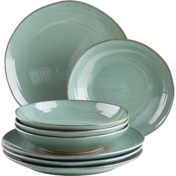 Вінтажний набір тарілок на 4 персони, столовий сервіз із 8 предметів із обідньою тарілкою та суповою тарілкою неправильного круглого ретро-вигляду, керамограніт, бірюзово-зелений