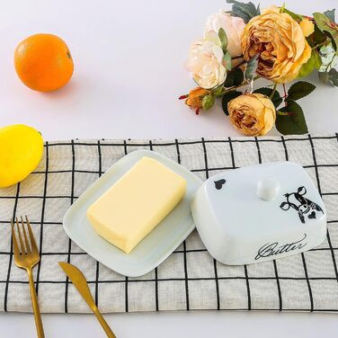 Маслянка з ручкою для 250 г вершкового масла, високоякісна кераміка, білий колір з квітковим та бджолиним візерунком, порцеляна, класична маслянка, маслянка, контейнер для масла, коробка для масла, можна мити в посудомийній машині (коров&39яча голова)