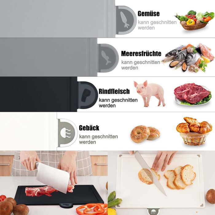 Набір обробних дощок BOCHION, пластикові дошки з іконками продуктів та піддоном, нековзні та без BPA, антибактеріальні дошки для риби, овочів, фруктів, мяса, хліба (набір з 4, чорний, білий, сірий)