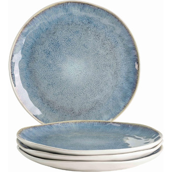 Набор современных обеденных тарелок Набор из 4 блюд с крапчатой глазурью и органическими формами, 4 большие керамические плоские тарелки в захватывающем винтажном стиле, керамогранит, синий
