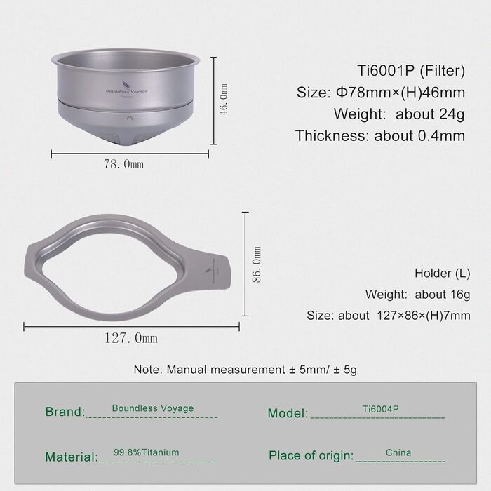 Титановый кофейный фильтр над безбумажным фильтром для кофе Наливание Легкий портативный на открытом воздухе Кемпинг Домашний сад Офис Многоразовая пипетка для кофе (Ti6004P Фильтр и держатель (L))