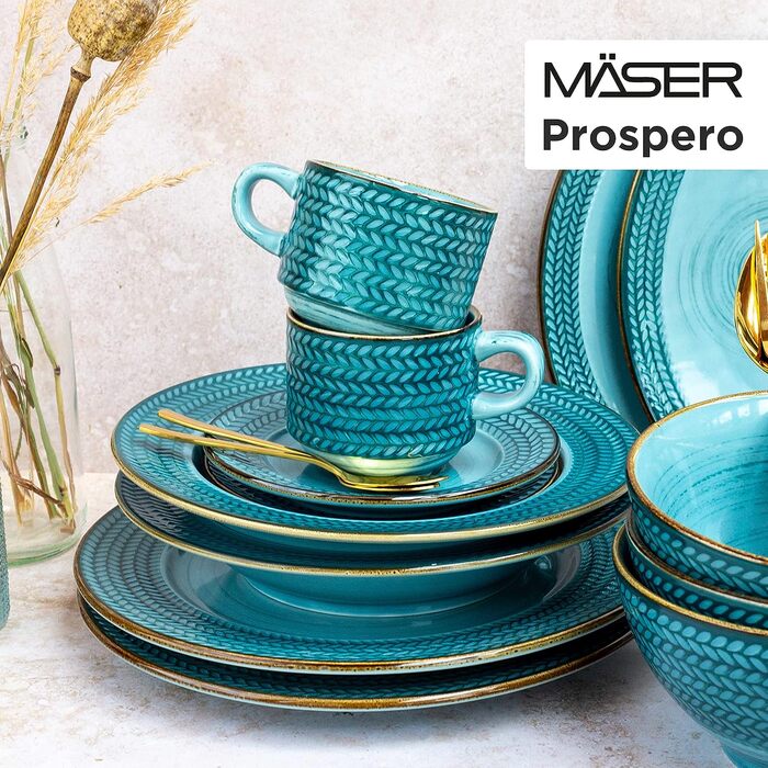 Серія Prospero, вечеря преміум-класу для 4 осіб у гастрономічній якості, сучасний набір тарілок із 8 предметів в унікальному вінтажному стилі, синій, міцний порцеляновий бірюзовий сервіз
