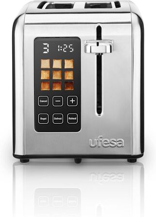Цифровий майбутній тостер Ufesa з нержавіючої сталі з 2 скибочками, потужність 950 Вт, 9 ступенів підрум'янювання для хліба та бублика, сенсорний екран, функція розморожування