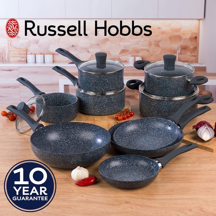 Каструля Russell Hobbs RH00845EU з антипригарним покриттям - 18 см/2 л з кришкою із загартованого скла, індукційна каструля, каструля для овочів/бульйону з бакелітовою ручкою та термостійким зовнішнім покриттям, камінь Nightfall (набір із 14 предметів)