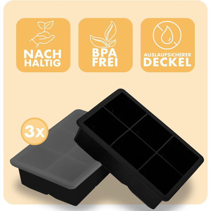 Силіконові формочки для льоду Blumtal, набір з 3 шт. - форма для льоду на 24 кубики з кришкою - силіконова форма для льоду без бісфенолу А - форма для льоду, безпечна для харчових продуктів - сіро-блакитна великі кубики (чорні, XXL кубики)