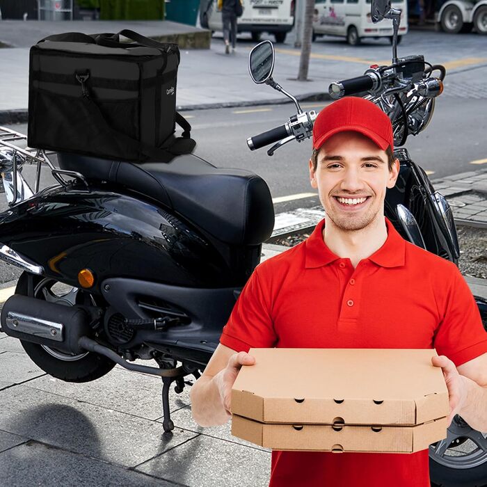 Ізольована харчова сумка, 38 x 38 x 32 см, ідеально підходить для гарячих та холодних страв, піци, ресторанів, доставки додому, індійської/китайської їжі, пікніків, термосумка, чорна