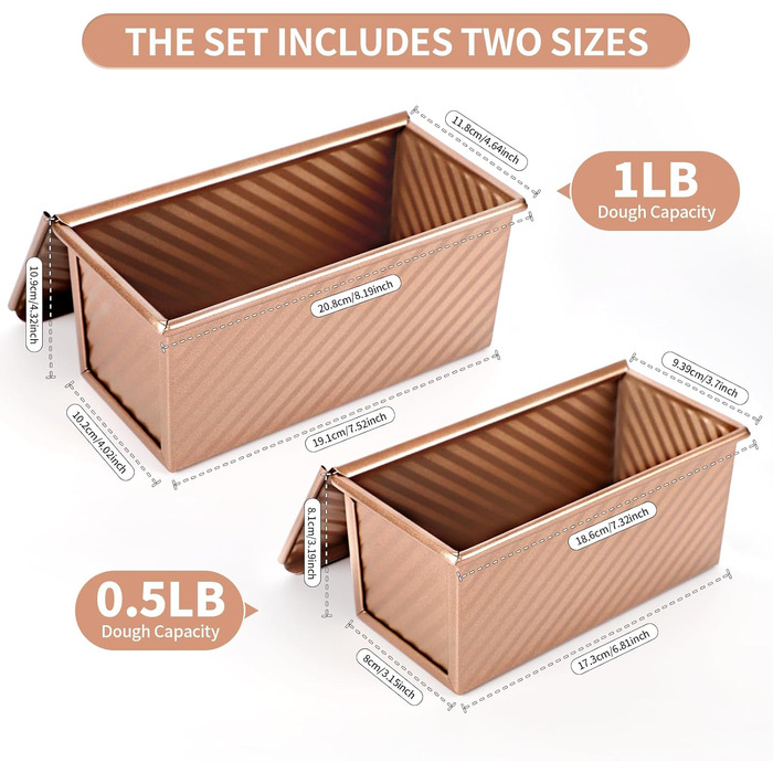 Набір з 2 прямокутних форм для випікання хліба 220 г та 1000 г з кришками, рожеве золото