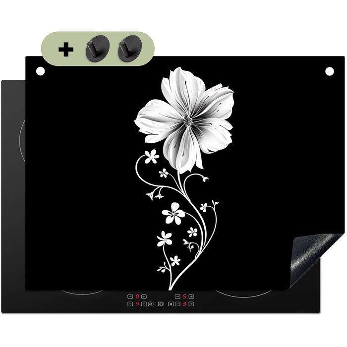 Фартух для плити, кухонний фартух, вініл, 78x52 см, декор для кухні, облицювання стіни, кришка для плити - сіро-чорна (квітка - чорна, 52Д x 71Ш см)