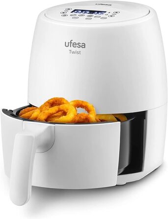 Аерофритюрниця Ufesa Twist, 2 л, мультипіч із 6 програмами, 1200 Вт, годинник, температура від 80C до 200C, без бісфенолу А, антипригарний, прохолодний на дотик, білий, ексклюзивний для Kitchen-Profi 2 л Twist