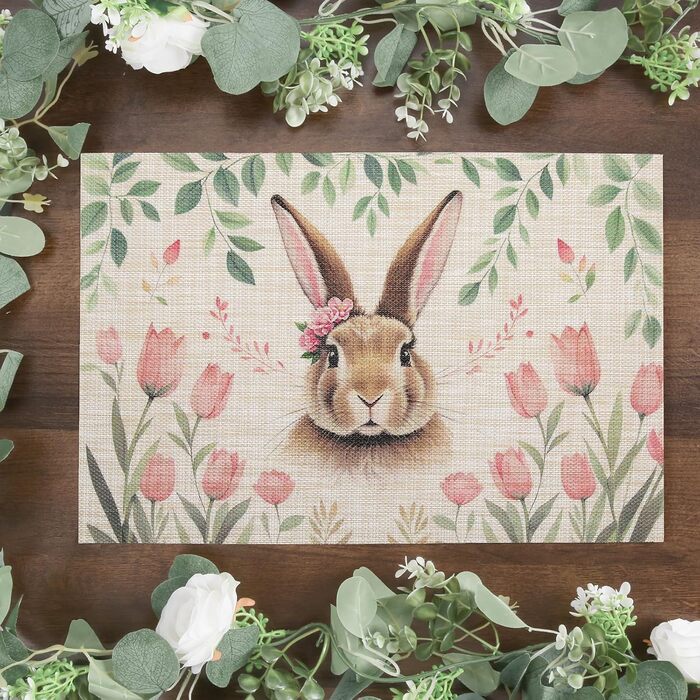 Двосторонні килимки для серветок, що миються, набір із 6 шт. , пасхальні яйця з квітами, прикраса столу з мультяшним кроликом, пасхальні, весняні, бенкетні килимки, декор для святкової вечірки, сезонні килимки, бежевий (світло-коричневий 7)