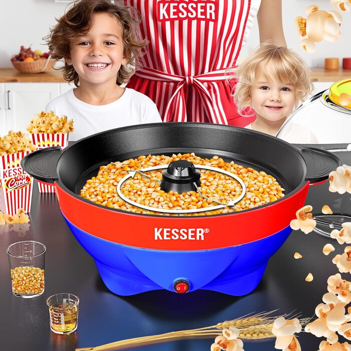 Велика машина для попкорну KESSER 800 Вт Машина для попкорну об&39ємом 5,5 л з кришкою з антипригарним покриттям та сервірувальною мискою для олії, масла, цукру, тиха та швидка, включаючи мірну чашку та чашку для попкорну, знімна нагрівальна поверхня (син