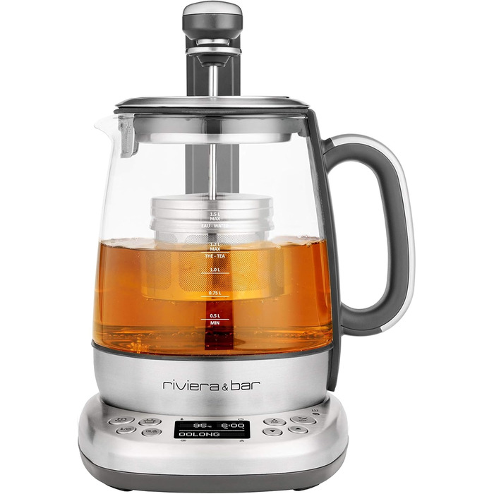 Чайник riviera&bar Cha Dao Expert з регульованою температурою, загартоване скло та нержавіюча сталь, тихий режим, оптимальне заварювання чаю, 1,5 л, 22 x 36,5 x 29,5 см