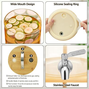 Стеклянный диспенсер для напитков 10 л с бамбуковой крышкой и подставкой Hisredsun