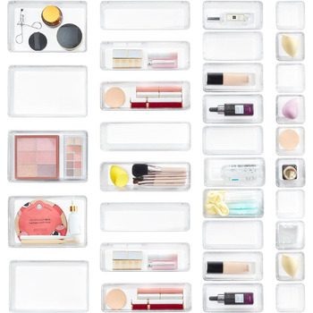 Органайзер для шухляд Lifewit з 4 розмірами, система органайзерів туалетного столика, прозорий пластиковий ящик для макіяжу/ванної кімнати/ящиків, підноси для столу для кухні, ювелірних виробів, спальні, офісу (33 шт. и)