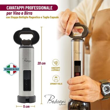 Штопор для вина та пива з магнітним утримувачем кришок чорний Bedogni Reggio Emilia