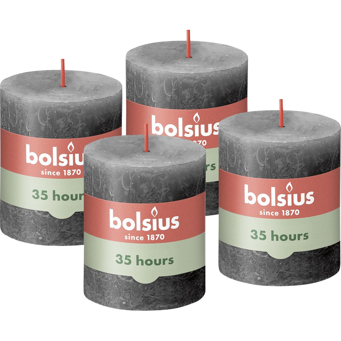 Свічки Bolsius Rustic Pillar - Оливково-зелені - Набір з 4 шт. - Декоративні побутові свічки - Час горіння 60 годин - Без запаху - Натуральний рослинний віск - Без пальмової олії - Оливково-зелені (8 x 7 см, Антрацит)