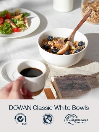Великі миски для супу DOWAN, миски для пластівців 1100 мл, білі миски для подачі, 18 см, штабельовані керамічні миски для кухні, набір мисок для макаронів, 4 упаковки небиткої кераміки (600 мл, білий набір із 4 шт. )