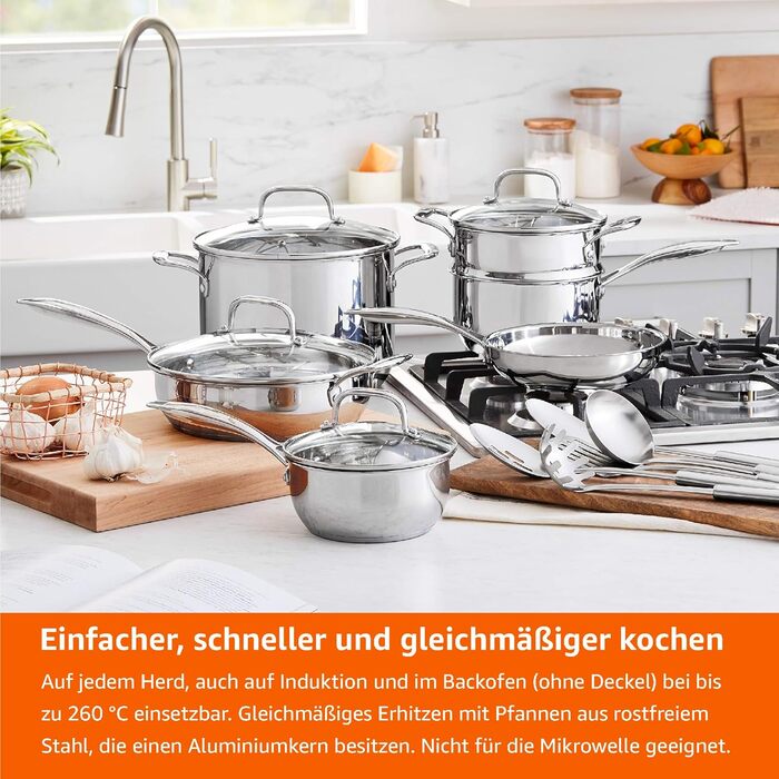 Набір посуду Kitchen-Profi Basics з 11 предметів з нержавіючої сталі для індукції з кришками, сріблястий (15 предметів)