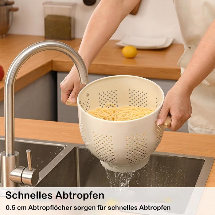 Металеве сито для пасти з дерев&39яною ручкою та стабільною основою, велике кухонне сито 22 см для пасти, овочів та фруктів, міцне кухонне сито (кремового кольору)