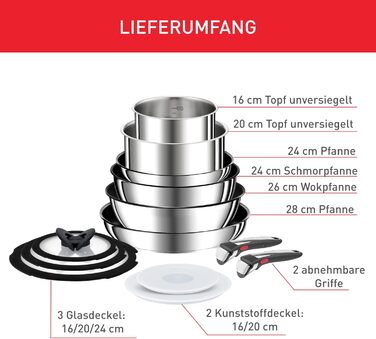 Набір посуду для індукційного приготування Tefal Ingenio Preference On з 15 предметів зі знімною ручкою, що штабелюється, економить місце, з антипригарним покриттям, простий у використанні та чищенні, набір посуду для індукційного приготування L97495 (наб