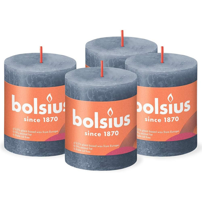Свічки Bolsius Rustic Pillar - Оливково-зелені - Набір з 4 шт. - Декоративні побутові свічки - Час горіння 60 годин - Без запаху - Натуральний рослинний віск - Без пальмової олії - Оливково-зелені (8 x 7 см, темно-сині)