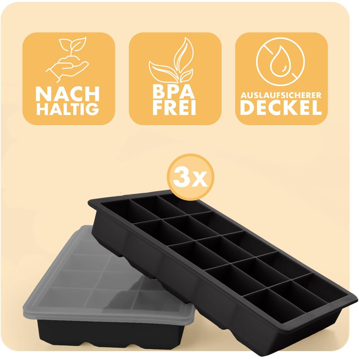Силіконові формочки для льоду Blumtal, набір з 3 шт. - форма для льоду на 24 кубики з кришкою - силіконова форма для льоду без бісфенолу А - форма для льоду, безпечна для харчових продуктів - сіро-блакитна великі кубики (чорні, кубики XL)