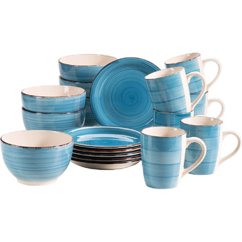 Винтажный сервиз для завтрака на 6 персон, керамика с ручной росписью, набор посуды из 18 предметов, синий, керамогранит (синий), 931492 Bel Tempo II