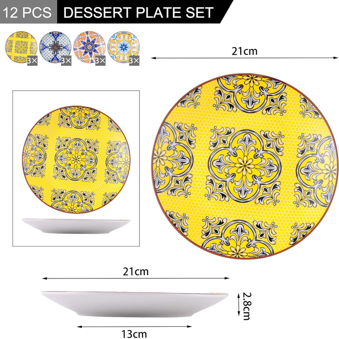 Порцелянова десертна тарілка vancasso, тарілка для торта 12 предметів кольорова, Ø 21,5 см плоска тарілка для сніданку (жасмин, десертна тарілка з 12 предметів)