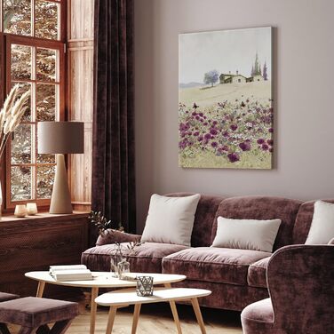 Друк на полотні STYLER 60 x 80 см I Жінка в літньому капелюсі Середземноморський прибережний пейзаж I Вітальня, спальня, офіс I Настінна прикраса з морським колоритом I Зроблено в Європі (70Д x 50Ш см, Фіолетові маки)