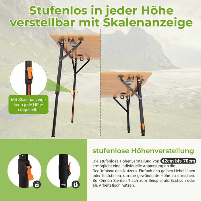 Складний бамбуковий стіл для кемпінгу 80 x 60 см KingCamp